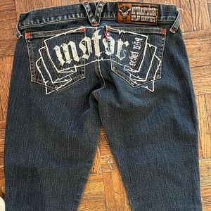 MOTOR JEANS/ROCK AND ROLL WEAR, ULTRA LOW RISE, PUNK flare/button fly sz Small